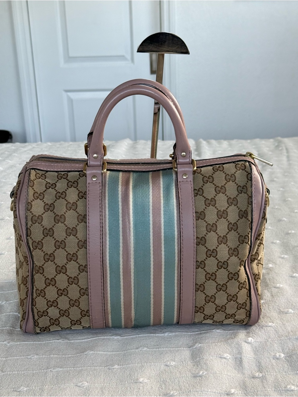 Gucci Beige GG Canvas Satchel with Pink Trim and Blue-Green Stripe